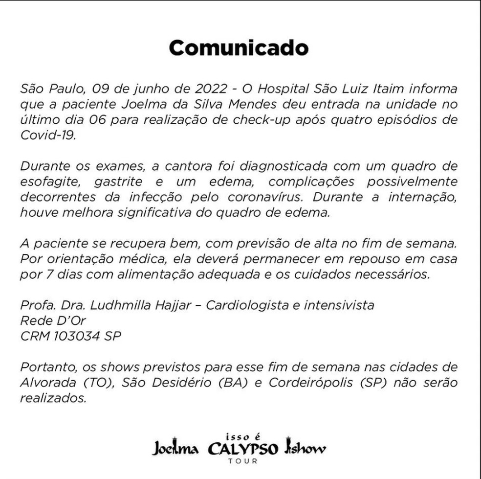 Comunicado sobre interna��o e estado de sa�de de Joelma � Foto: Reprodu��o/ Instagram Joelma