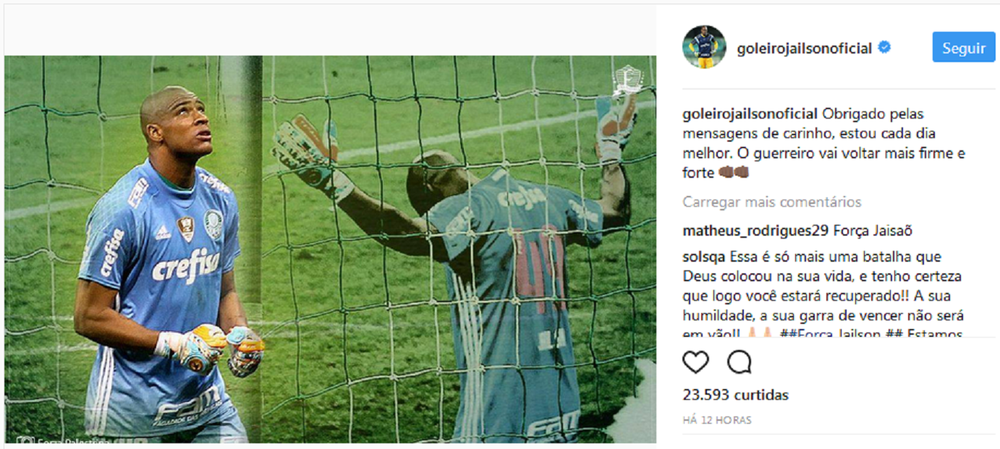  Em recuperação, Jailson agradece apoio da torcida do Palmeiras: 'Voltarei mais forte'