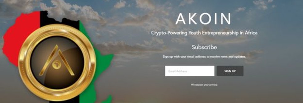 Tela do site oficial da moeda virtual Akoin — Foto:  Akoin/Reprodução
