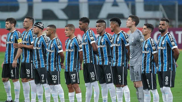 Jogadores do Grêmio antes do jogo contra o Independiente del Valle, pela Libertadores