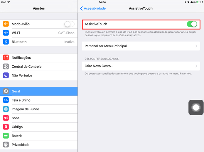 iOS 9 exibirá um botão com a ativação do AssistiveTouch (Foto: Reprodução/Elson de Souza)