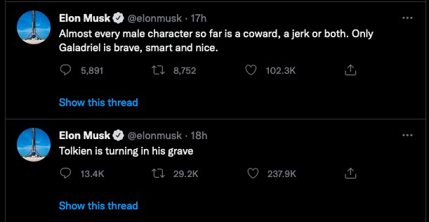 Os tuítes de Elon Musk reclamando de Os Senhor dos Anéis: Os Anéis do Poder (Foto: Twitter)