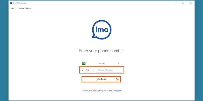 Acesse o IMO Messenger no computador usando o número do celular no login (Foto: Reprodução/Barbara Mannara)