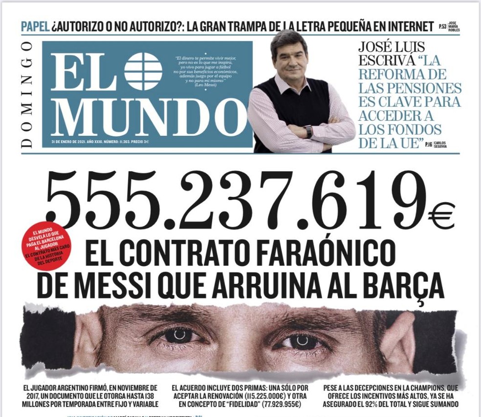 Jornal "El Mundo" revela total do contrato de quatro anos assinados por Messi com o Barcelona em 2017 — Foto: Reprodução/El Mundo