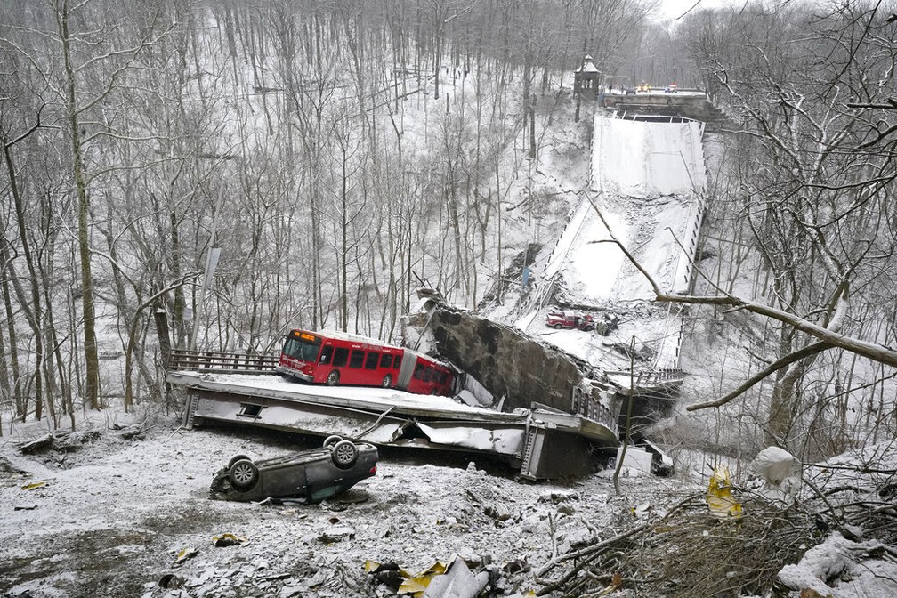 Ponte colapsada nos EUA em foto de 28 de janeiro de 2022 — Foto: AP Photo/Gene J. Puskar
