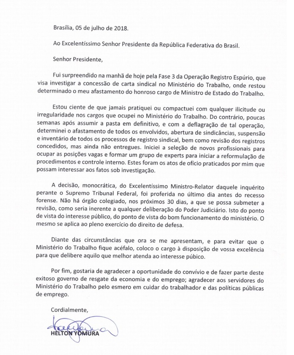 Carta de demissão do Ministério do Trabalho enviada por Helton Yomura ao presidente Michel Temer (Foto: Reprodução)