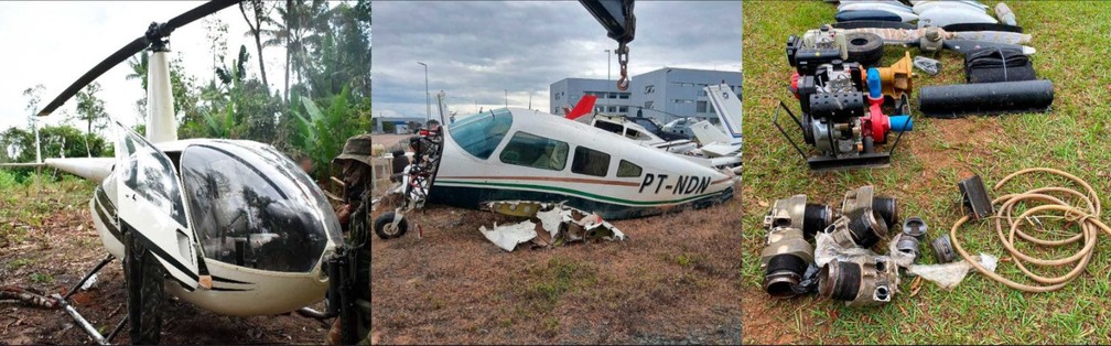 Helicóptero, aeronave e materiais apreendidos no garimpo — Foto: Divulgação/Exército brasileiro
