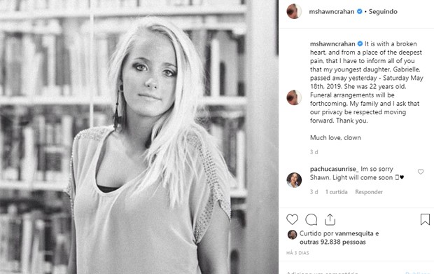 Shawn Crahan lamenta a morte da filha Gabrielle (Foto: Reprodução/Instagram)