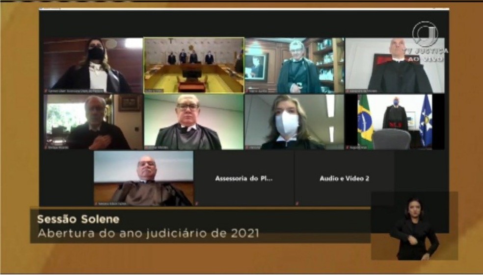 Ministros participam virtualmente da sessão inaugural do ano judiciário do STF — Foto: Reprodução / TV Justiça