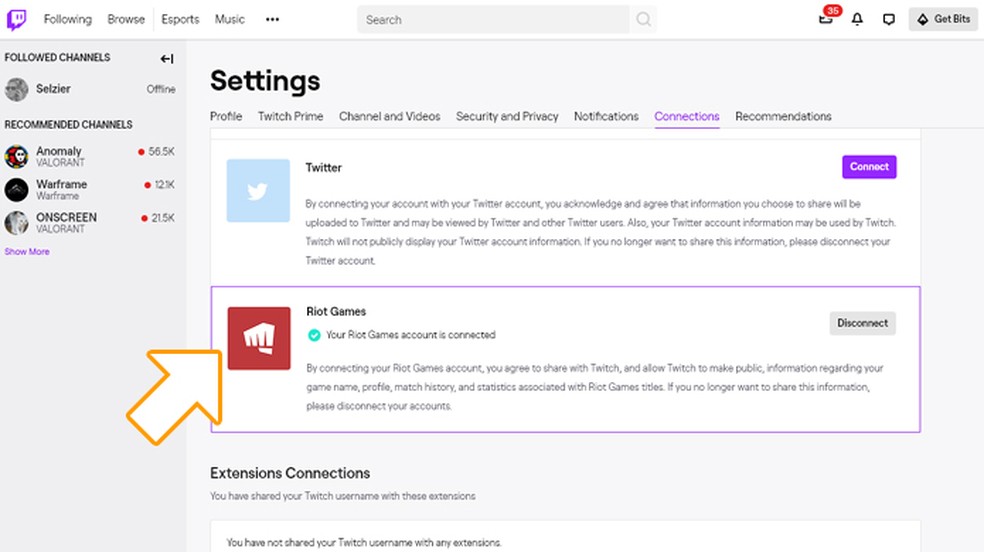 Após conectar suas contas da Twitch e Riot Games para Valorant elas deverão aparecer como na imagem — Foto: Reprodução/Rafael Monteiro