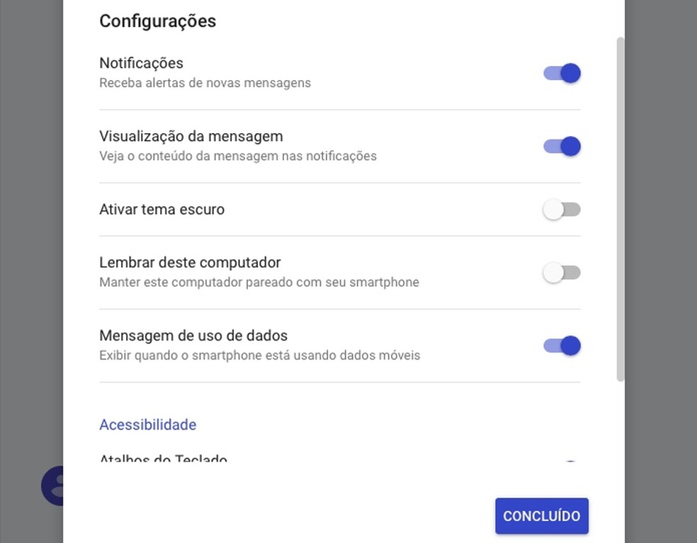 Configurações do Android Mensagens na Web (Foto: Reprodução/Helito Bijora)