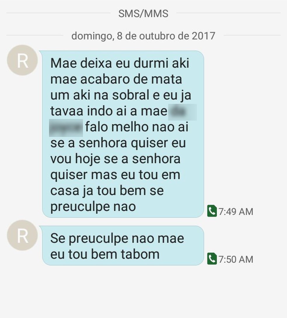 Estudante mandou mensagem para a mãe de outro telefone avisando que dormiria na casa de uma amiga (Foto: Arquivo da família)