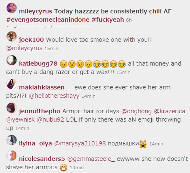 Seguidores criticam pelos nas axilas de Miley (Foto: Reprodução/Instagram)