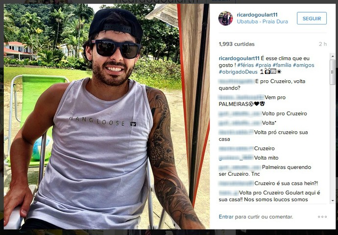 Ricardo Goulart posta foto em praia, e cruzeirenses pedem volta do atacante