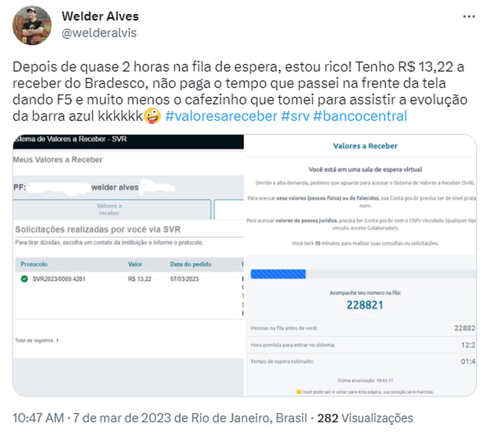 Jornalista tinha apenas R$ 13 para receber. — Foto: Reprodução/Twitter