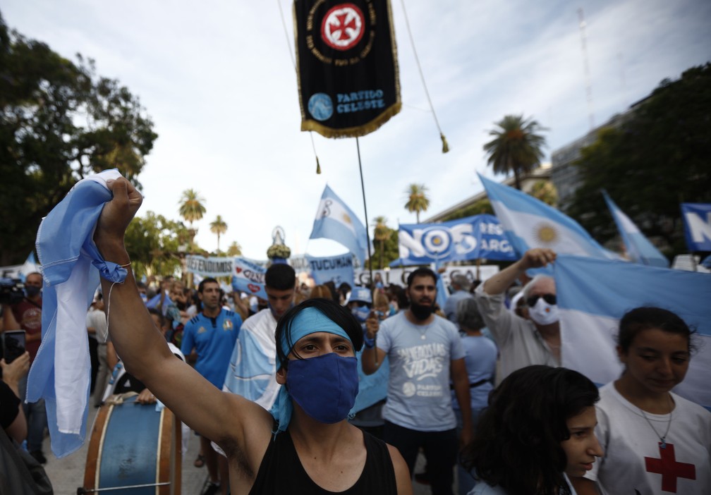 Com bandeiras nacionais e cores azul e branca nas roupas e cartazes, manifestantes contra o aborto protestam em Buenos Aires, na Argentina, nesta segunda-feira (28) — Foto: Emiliano Lasalvia/AFP