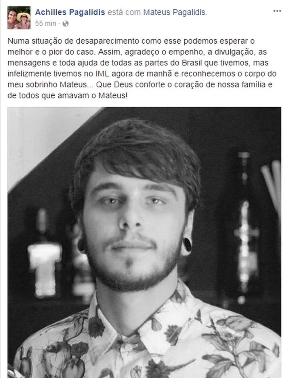 Tio de Mateus publicou em rede social que corpo de sobrinho foi reconhecido em IML (Foto: Reprodução/Facebook)