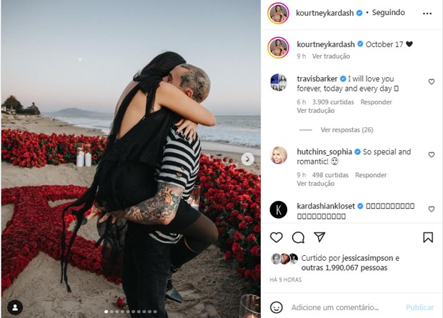 Kourtney Kardashian e TRavis Barker celebram primeiro ano do noivado (Foto: Reprodução/Instagram)
