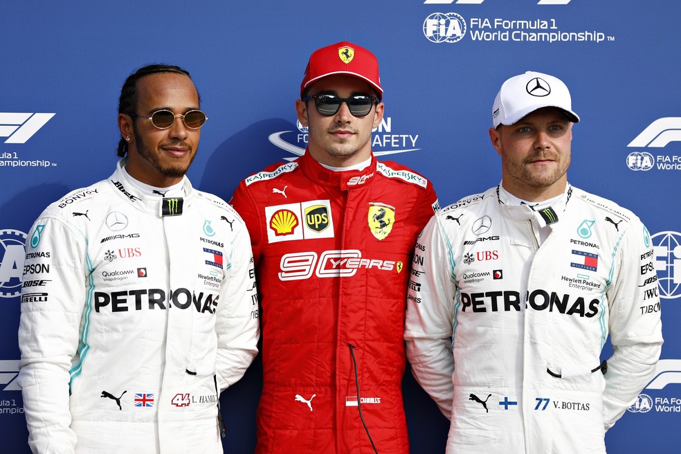 Hamilton, Leclerc e Bottas, os trÃªs primeiros no grid em Monza â€” Foto: Getty Images