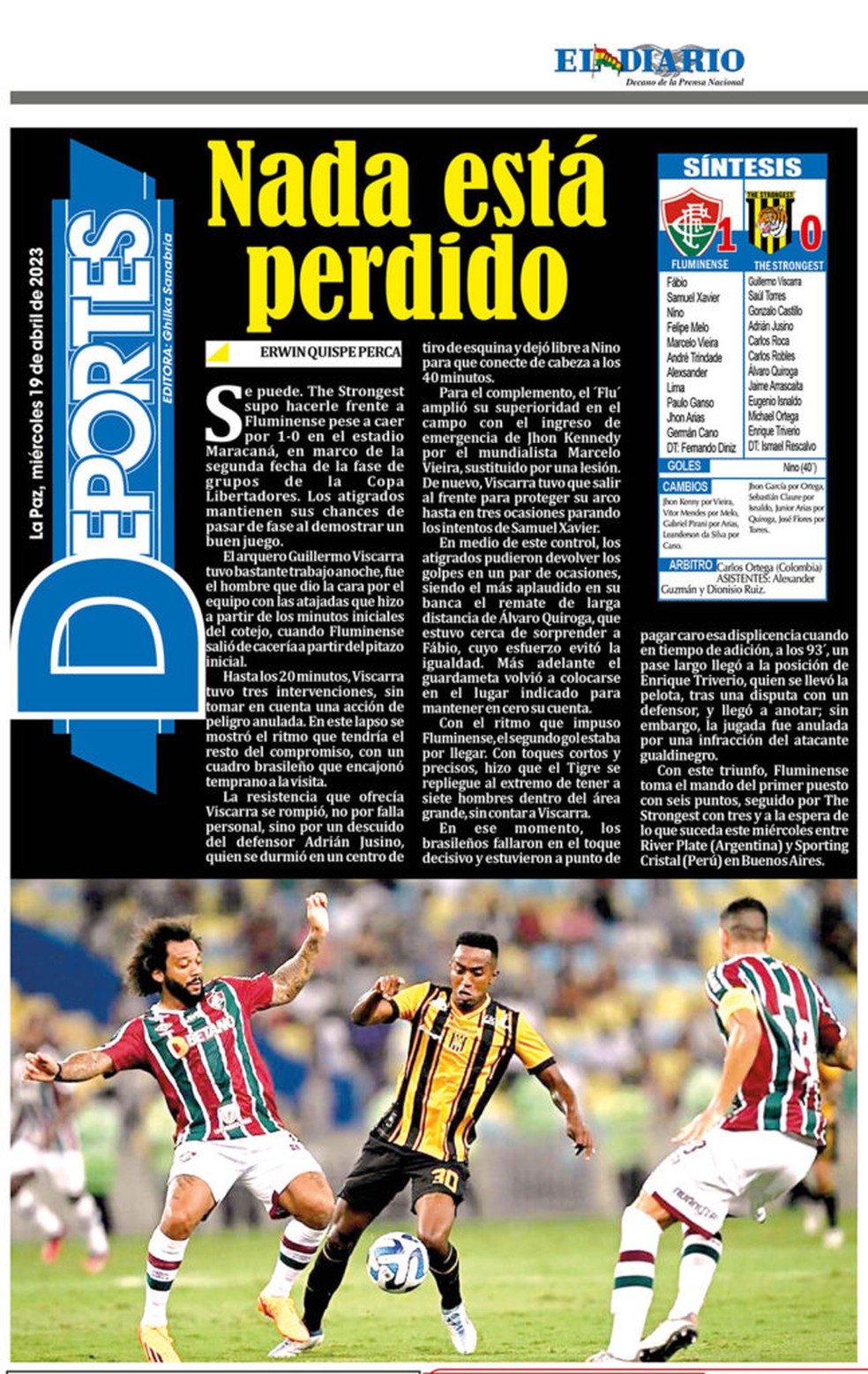 El Diario, da Bolívia, repercute derrota do The Strongest para o Fluminense — Foto: Reprodução