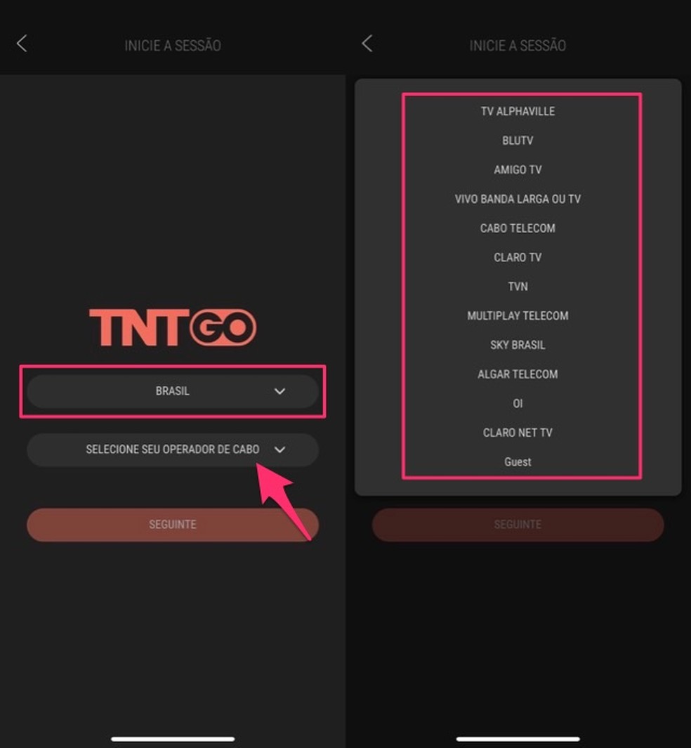 Transmissão Globo de Ouro 2021: ação para visualizar a opção para escolher a operadora no login do app TNT Go — Foto: Reprodução/Marvin Costa