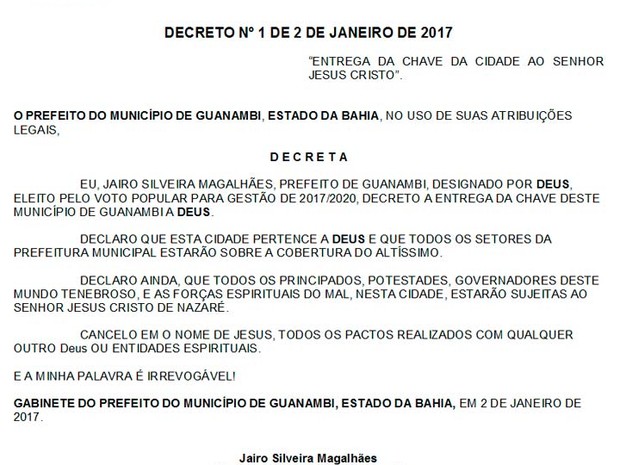 Prefeito de cidade de Guanambi, na Bahia, diz em decreto que cidade pertence a Deus (Foto: Reprodução/Diário Oficial de Guanambi)