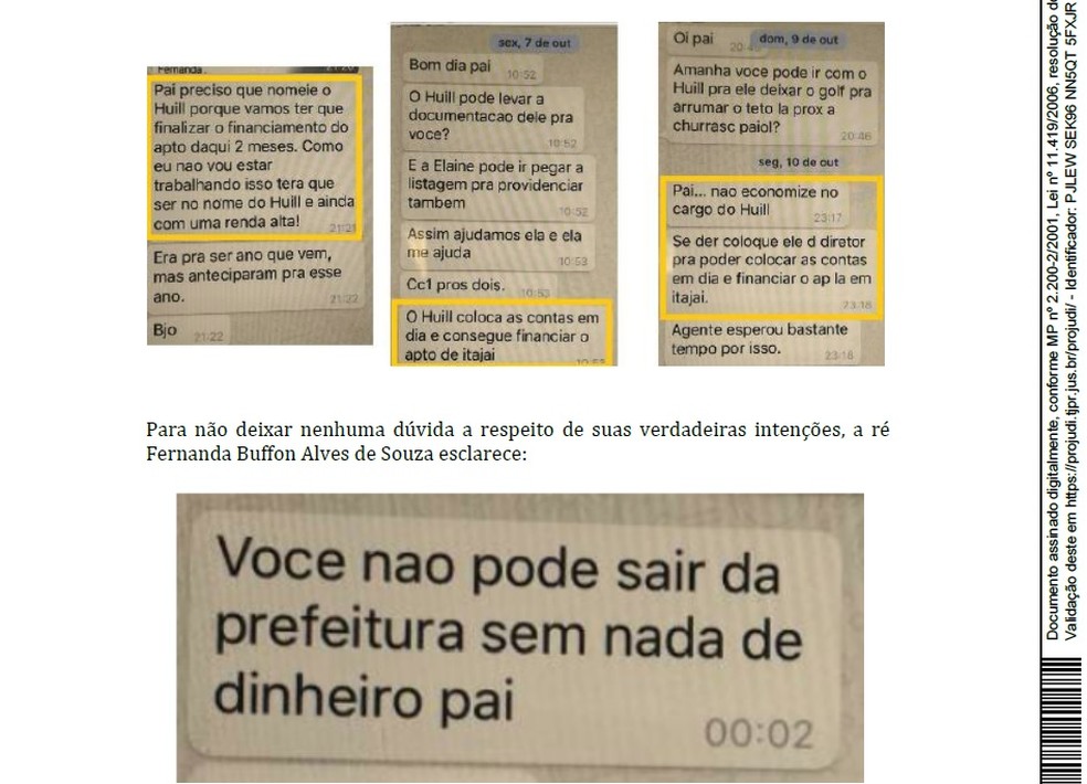 Em mensagens enviadas pelo celular Fernanda diz ao pai que ele "não pode sair da prefeitura sem nada de dinheiro"; fotos foram anexadas à sentença (Foto: Justiça do Paraná/Reprodução)