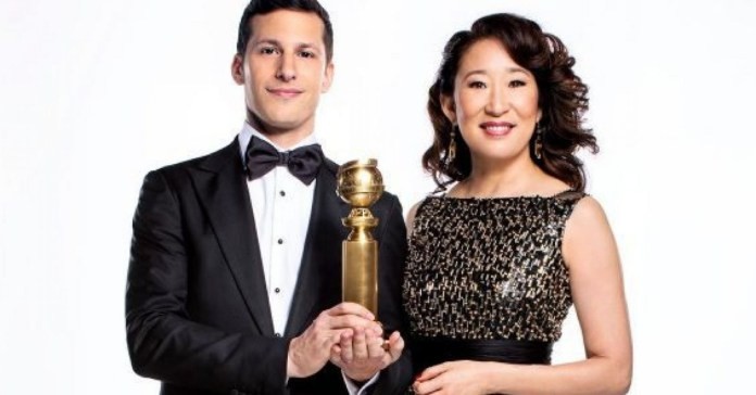Andy Samberg e Sandra Oh, apresentadores do Globo de Ouro 2019 (Foto: divulgação)
