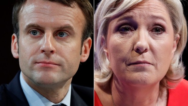 Uma montagem com as fotos dos candidatos à Presidência da França Emmanuel Macron e Marine Le Pen (Foto: Christian Hartmann/Reuters)