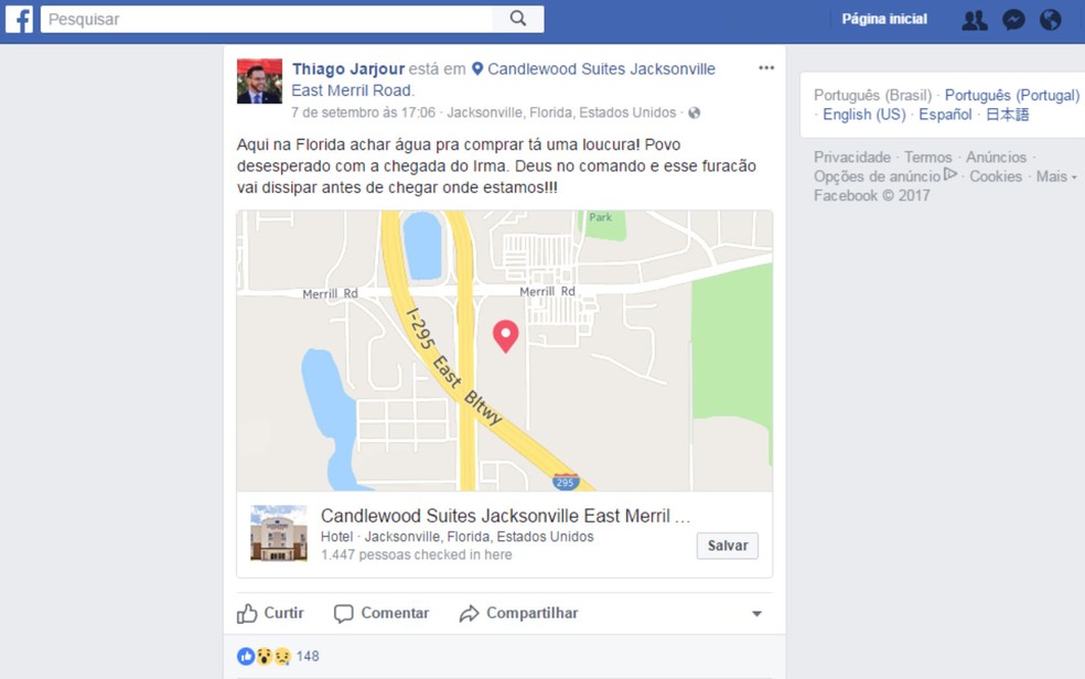 Secretário de Trabalho do DF, Thiago Jarjour, narra transtornos do furacão Irma em viagem à Flórida (Foto: Facebook/Reprodução)
