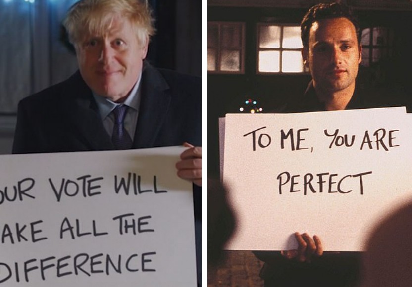 O primeiro-ministro britânico Boris Johnson no vídeo que faz referência à cena de Simplesmente Amor (2003) com Andrew Lincoln (Foto: Reprodução)