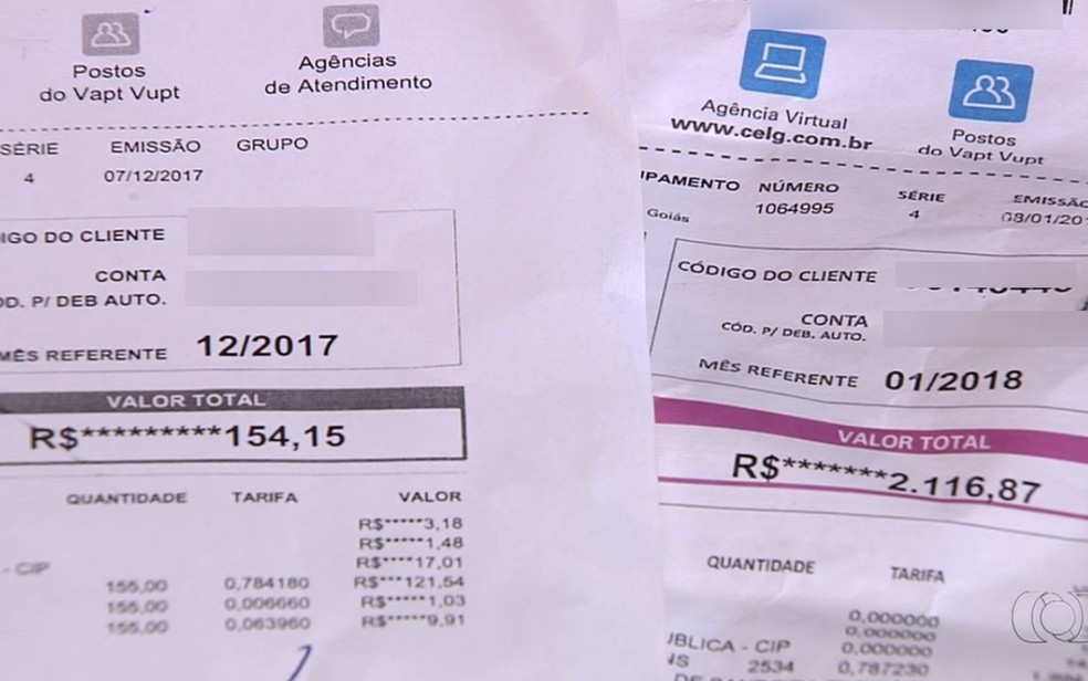 Faturas de energia mostram aumento de mais de dez vezes no valor em um mês (Foto: Reprodução/TV Anhanguera)