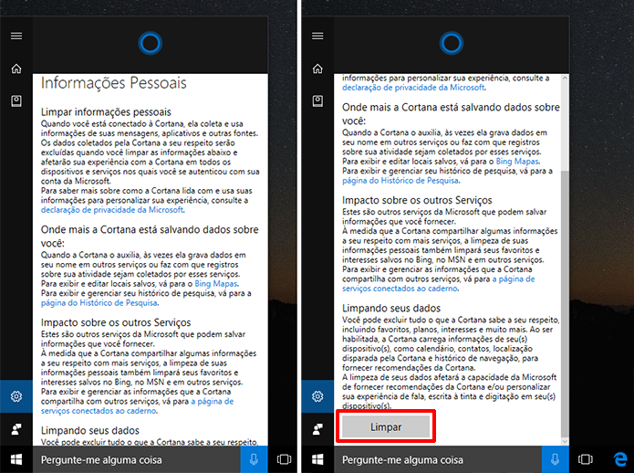 Cortana mostra informações sobre dados armazenados e permite que usuário os limpe (Foto: Reprodução/Elson de Souza)