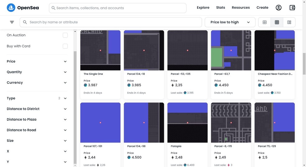 Variedade de valores no marketplace da Decentraland na OpenSea — Foto: Reprodução/Gabriel Pereira