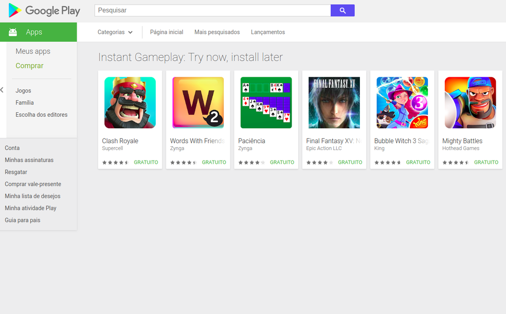 Google Play Instant permite testar jogos gratuitamente e sem a necessidade de instalação (Foto: Reprodução/Filipe Garrett)