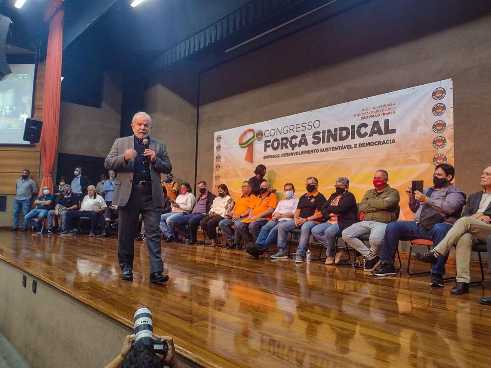 Lula discursa no 9º Congresso da Força Sindical, na sede do Sindicato dos Metalúrgicos de São Paulo — Foto: Divulgação/Força Sindical