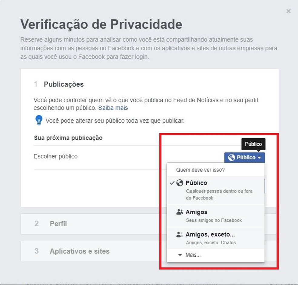 Veja como fazer a verificação de privacidade no Facebook — Foto: Reprodução