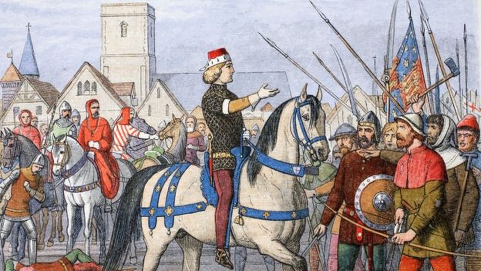 Depois que Ricardo 2 subiu os impostos para arrecadar dinheiro para continuar sua campanha no exterior, os camponeses pegaram em armas em 1381 — Foto: Getty Images