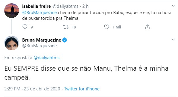 Bruna Marquezine declara torcida para Thelma (Foto: Reprodução/Twitter)