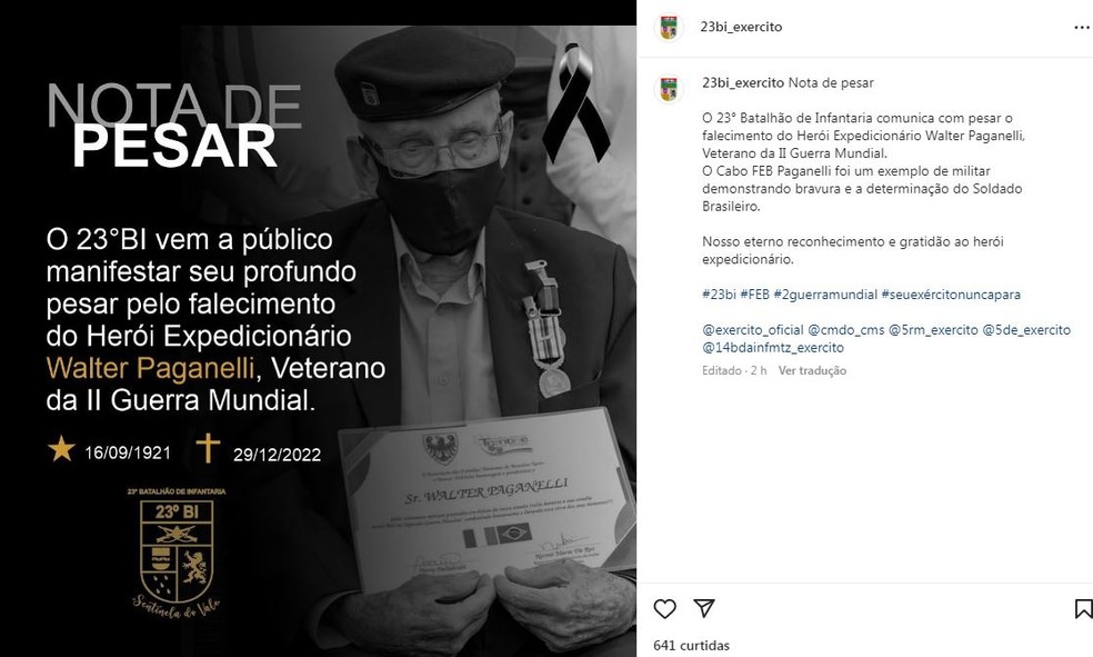 23° Batalhão de Infantaria lamentou a morte do veterano de guerra — Foto: Redes sociais/ Reprodução 