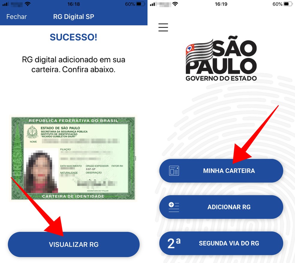 Aplicativo RG Digital SP exibe carteira de identidade virtual — Foto: Reprodução/Paulo Alves