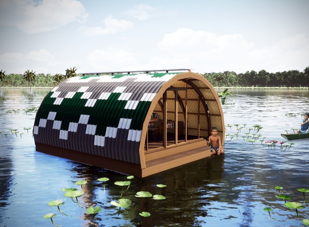 O projeto da biblioteca flutuante, do arquiteto Marko Brajovic, está sendo construído no Lago Mamori, na Amazônia (Foto: Divulgação/Atelier Marko Brajovic)