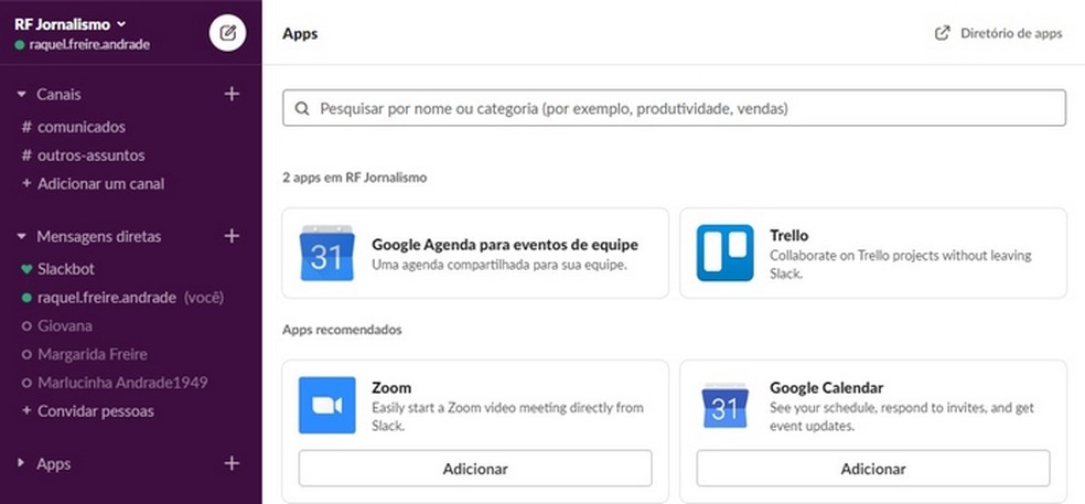 Slack tem integração com serviços como Google Drive e Trello — Foto: Reprodução/Raquel Freire