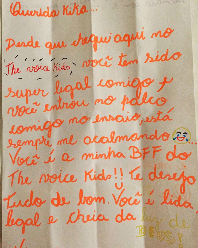 Marina Silveira escreveu cartinha fofa para Kika Martinez do The Voice Kids (Foto: Arquivo Pessoal)