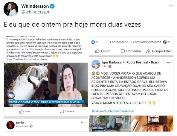 Internautas repercutem suposto acidente de Whindersson Nunes (Foto: Reprodução / Twitter)
