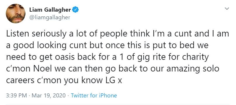 Liam Gallagher pedindo a volta do Oasis em meio à pandemia de coronavírus (Foto: Twitter)
