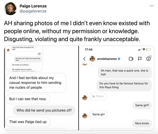 O post da modelo Paige Lorenze lamentando suas fotos íntimas compartilhadas por Armie Hammer com amigos (Foto: Twitter)
