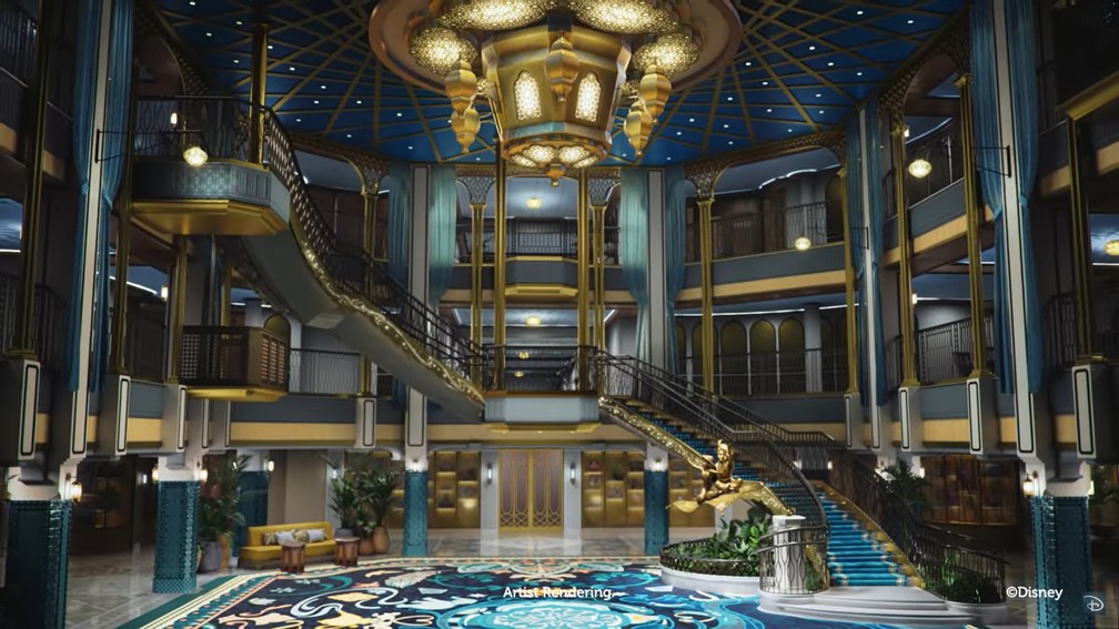 Inspirado em aventuras, navio Disney Treasure terá estátua de Aladdin e Jasmine — Foto: Divulgação/Disney Cruise Line