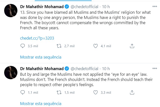 Ex-primeiro-ministro da Malásia diz: "os muçulmanos têm o direito de punir os franceses" (Foto: Reprodução)