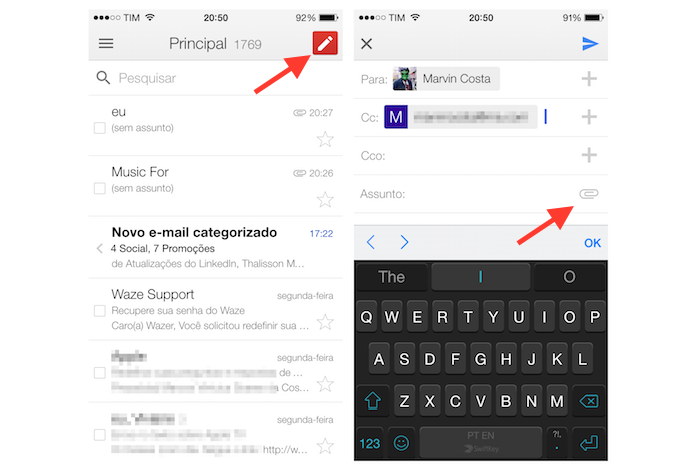 Acessando a ferramenta para anexar arquivos do Gmail para iPhone (Foto: Reprodu??o/Marvin Costa)